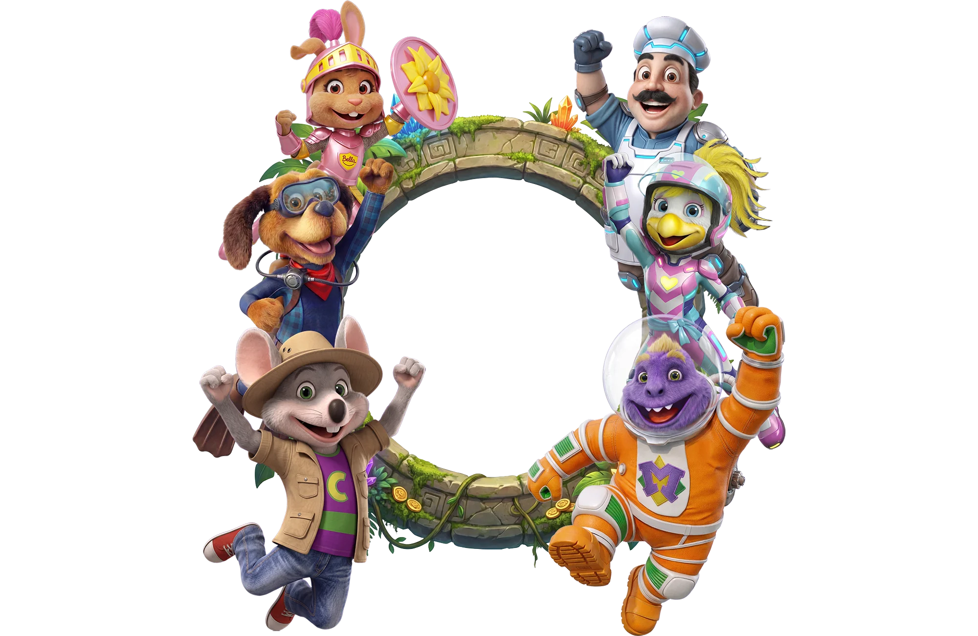 Bella, Jasper, Chuck E., and the Munch's Make-Believe Space Explorers cast gathered around a glowing stone portal